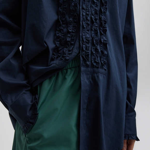 Tibi Easy Tuxedo Shirt Navy Blue Italian Cotton Nylon Poplin Ruffle Size XL - Picture 5 of 14